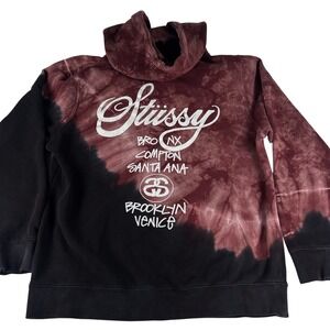 Stussy Hoodie World Tour Tie Dye Maroon Black Mens Sz M Pullover Sweatshirt